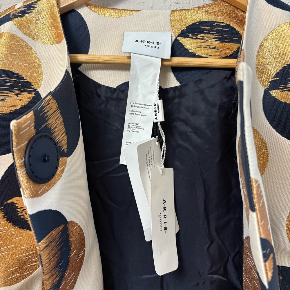 AKRIS Punto Car Coat Jacquard Sake Blue Metallic Gold Dot Print, Size US 12 - Picture 8 of 12
